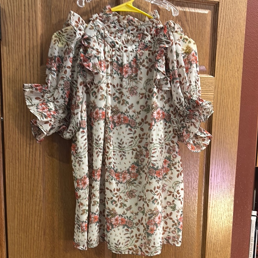 Max Studio Floral Ruffle Blouse - Cream and Pink